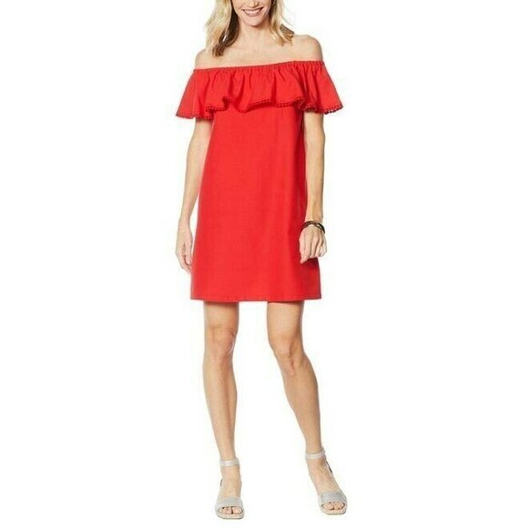 Colleen Lopez Black Palm Paradise Ruffle Off-the-Shoulder Tunic Dress Medium - Picture 5 of 6